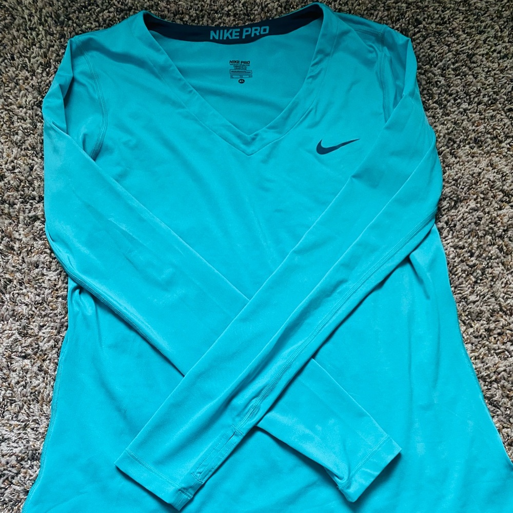 Bright Teal Long Sleeve Nike Pro V-Neck Shirt